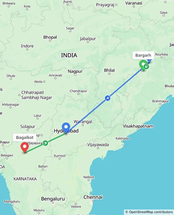 Route map showing distance and travel time from Bargarh, India to Bagalkot, India