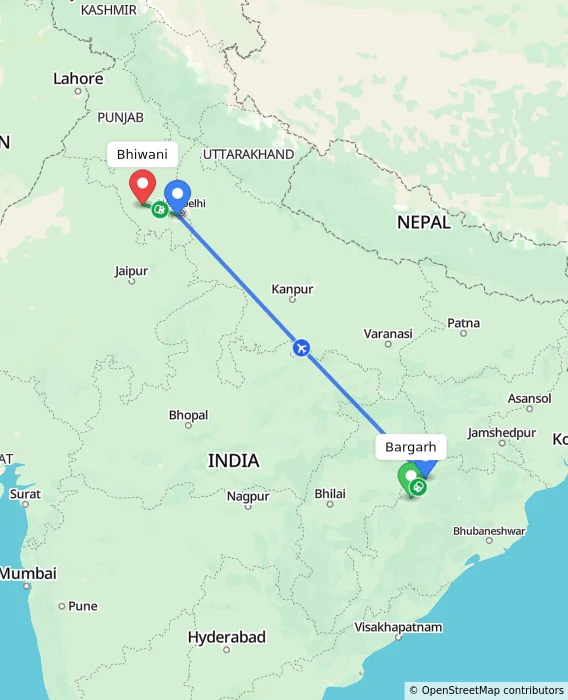 Route map showing distance and travel time from Bargarh, India to Bhiwani, India