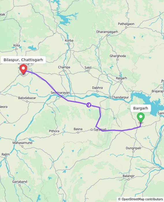 Route map showing distance and travel time from Bargarh, India to Bilaspur, Chattisgarh, India