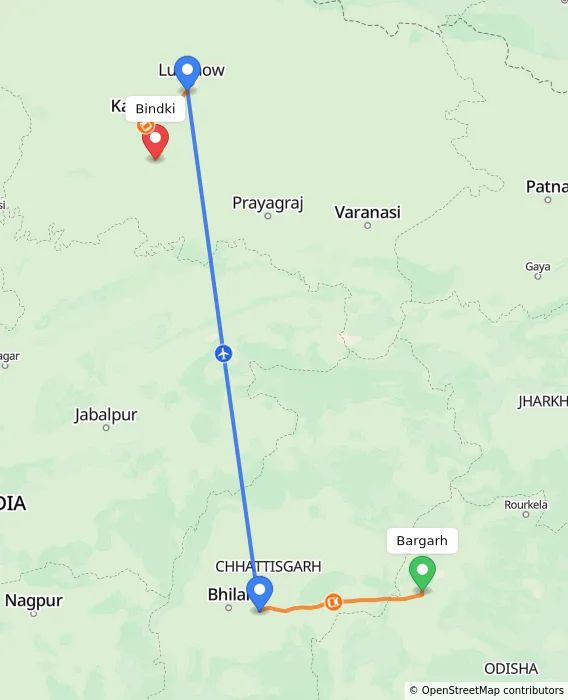Route map showing distance and travel time from Bargarh, India to Bindki, India