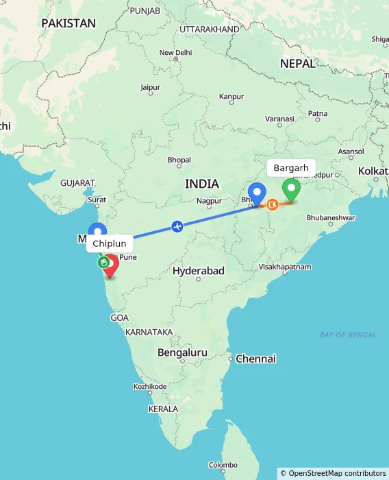Route map showing distance and travel time from Bargarh, India to Chiplun, India