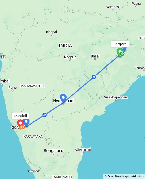 Route map showing distance and travel time from Bargarh, India to Dandeli, India