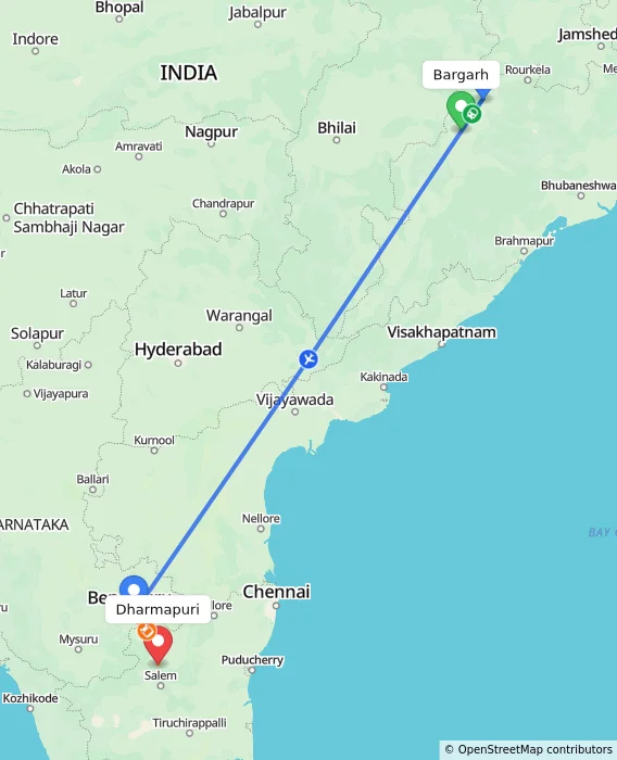 Route map showing distance and travel time from Bargarh, India to Dharmapuri, India
