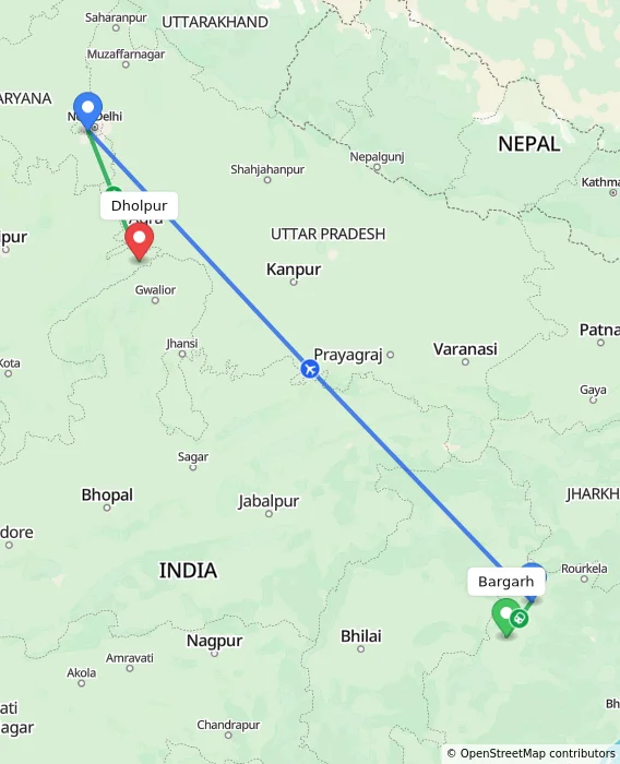 Route map showing distance and travel time from Bargarh, India to Dholpur, India
