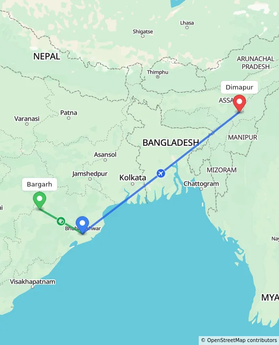 Route map showing distance and travel time from Bargarh, India to Dimapur, India