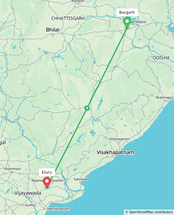 Route map showing distance and travel time from Bargarh, India to Eluru, India