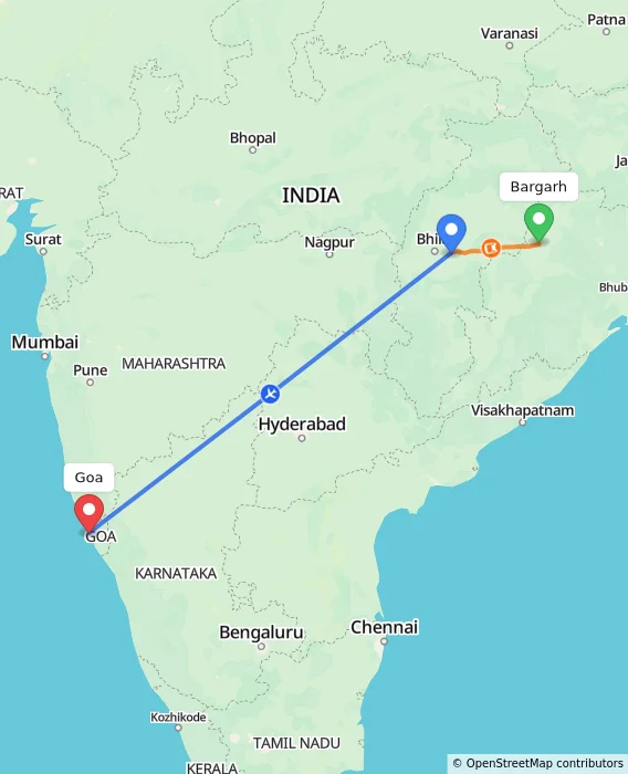 Route map showing distance and travel time from Bargarh, India to Goa, India