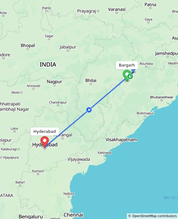 Route map showing distance and travel time from Bargarh, India to Hyderabad, India