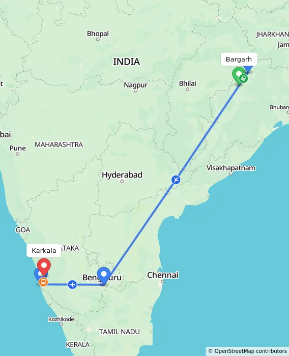 Route map showing distance and travel time from Bargarh, India to Karkala, India