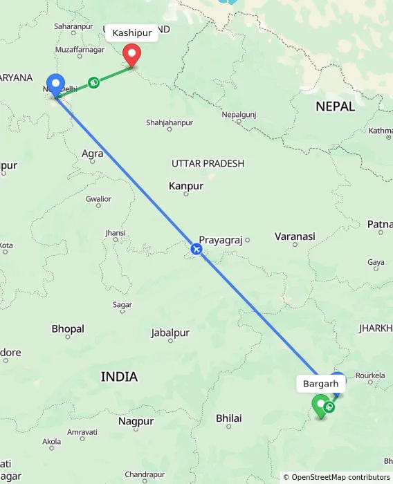 Route map showing distance and travel time from Bargarh, India to Kashipur, India