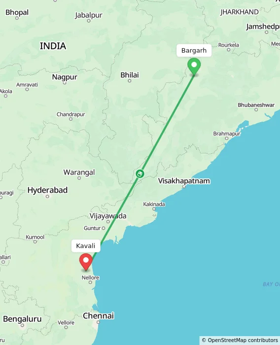Route map showing distance and travel time from Bargarh, India to Kavali, India