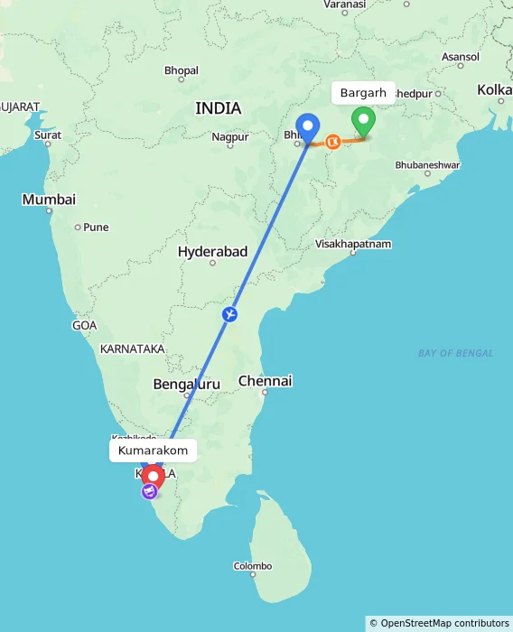 Route map showing distance and travel time from Bargarh, India to Kumarakom, India