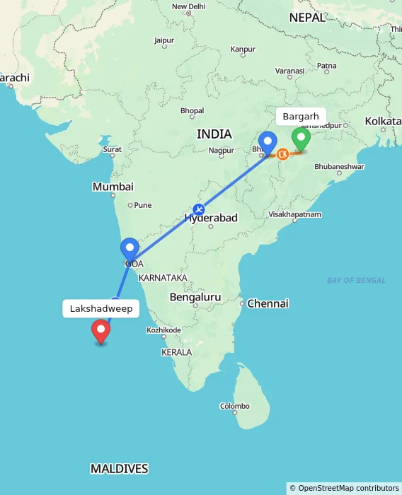 Route map showing distance and travel time from Bargarh, India to Lakshadweep, India