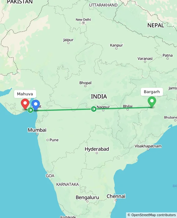 Route map showing distance and travel time from Bargarh, India to Mahuva, India