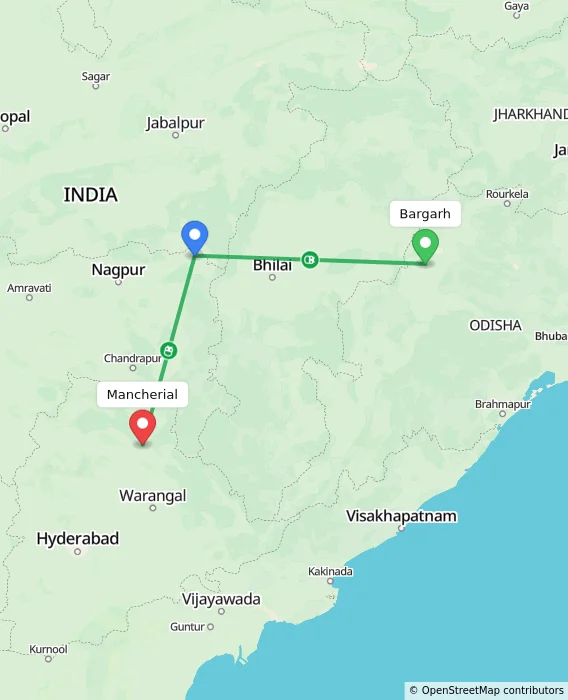 Route map showing distance and travel time from Bargarh, India to Mancherial, India