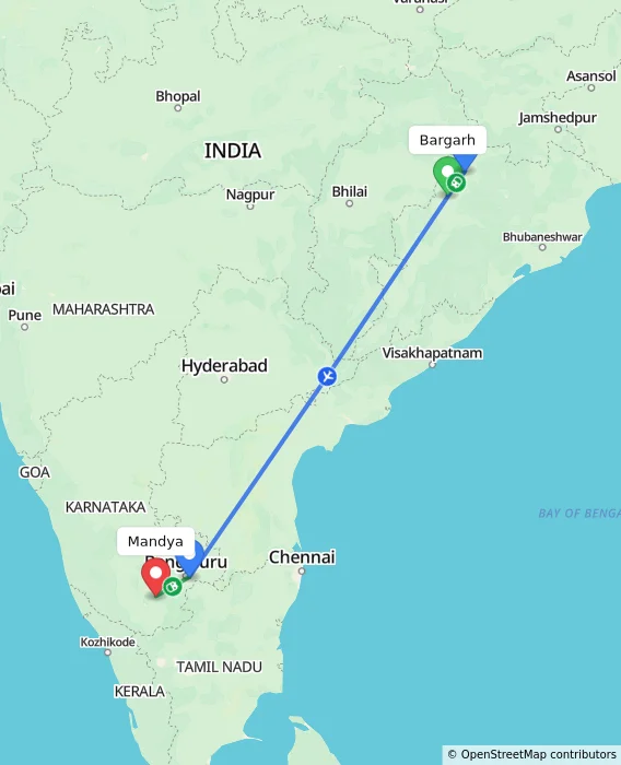 Route map showing distance and travel time from Bargarh, India to Mandya, India