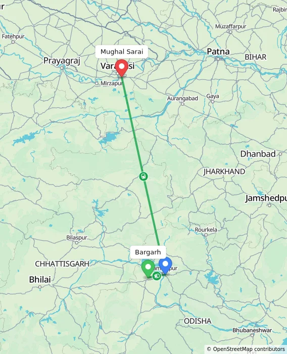 Route map showing distance and travel time from Bargarh, India to Mughal Sarai, India