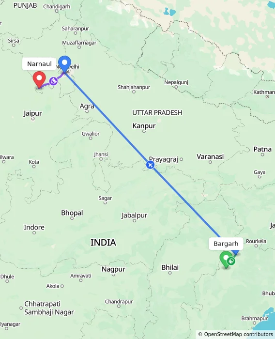 Route map showing distance and travel time from Bargarh, India to Narnaul, India