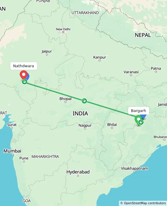 Route map showing distance and travel time from Bargarh, India to Nathdwara, India