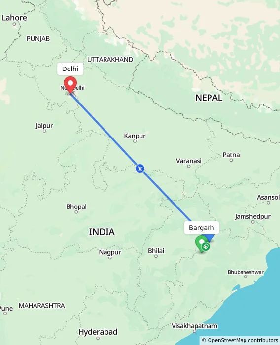 Route map showing distance and travel time from Bargarh, India to Delhi, India