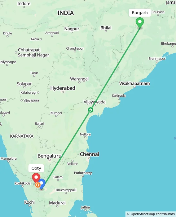 Route map showing distance and travel time from Bargarh, India to Ooty, India