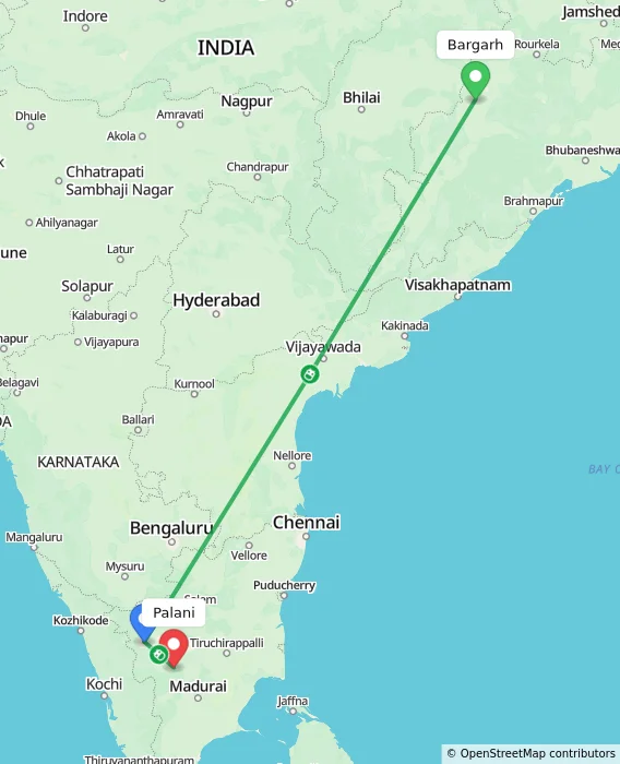Route map showing distance and travel time from Bargarh, India to Palani, India