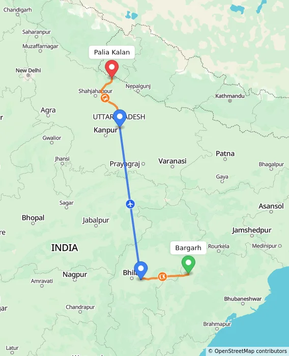 Route map showing distance and travel time from Bargarh, India to Palia Kalan, India