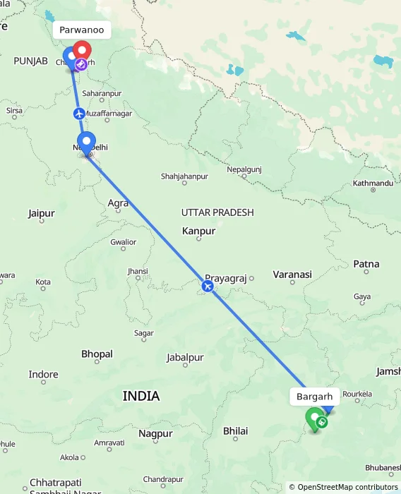 Route map showing distance and travel time from Bargarh, India to Parwanoo, India