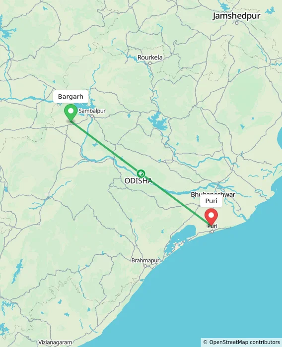 Route map showing distance and travel time from Bargarh, India to Puri, India