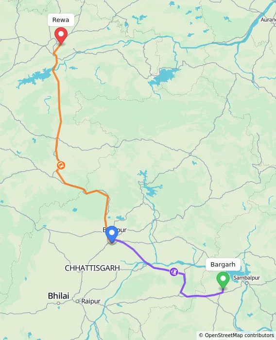 Route map showing distance and travel time from Bargarh, India to Rewa, India