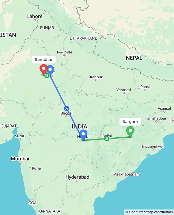 Route map showing distance and travel time from Bargarh, India to Sambhar, India