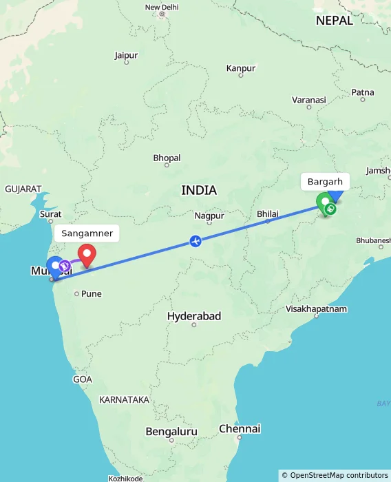 Route map showing distance and travel time from Bargarh, India to Sangamner, India