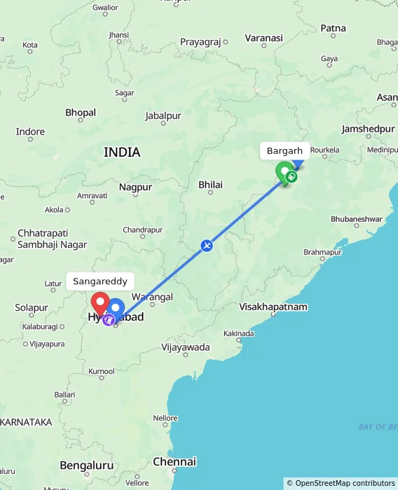 Route map showing distance and travel time from Bargarh, India to Sangareddy, India