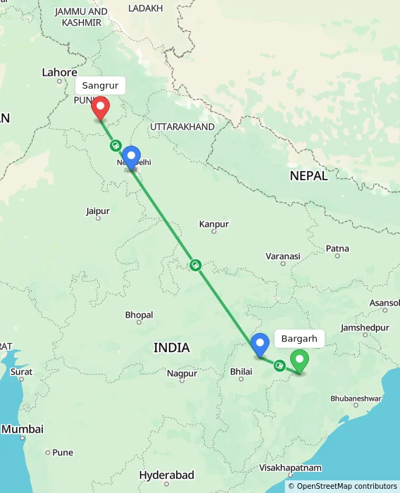 Route map showing distance and travel time from Bargarh, India to Sangrur, India