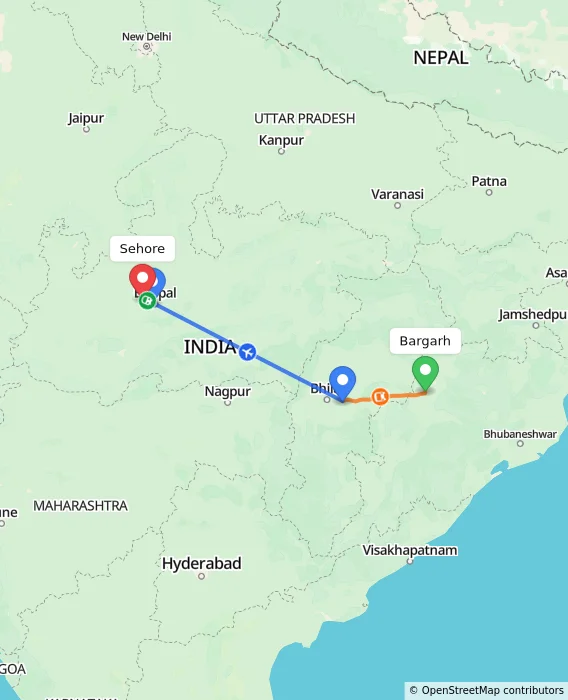 Route map showing distance and travel time from Bargarh, India to Sehore, India