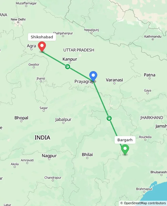 Route map showing distance and travel time from Bargarh, India to Shikohabad, India
