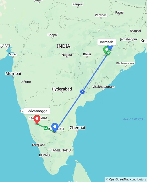 Route map showing distance and travel time from Bargarh, India to Shivamogga, India