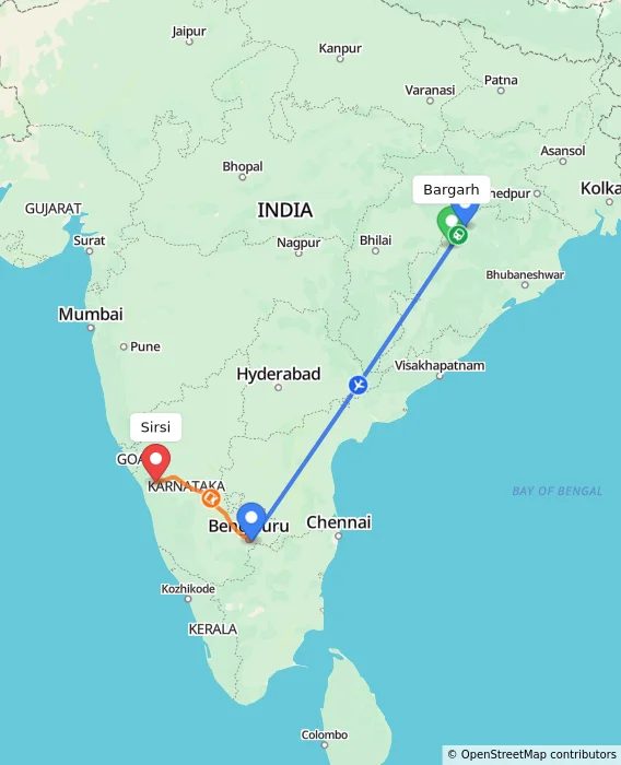 Route map showing distance and travel time from Bargarh, India to Sirsi, India