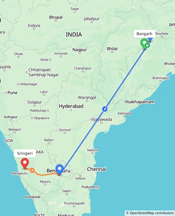 Route map showing distance and travel time from Bargarh, India to Sringeri, India