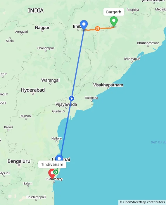 Route map showing distance and travel time from Bargarh, India to Tindivanam, India
