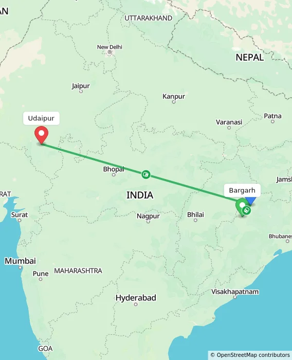 Route map showing distance and travel time from Bargarh, India to Udaipur, India