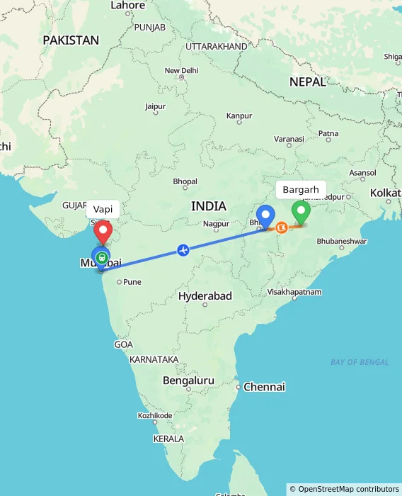 Route map showing distance and travel time from Bargarh, India to Vapi, India