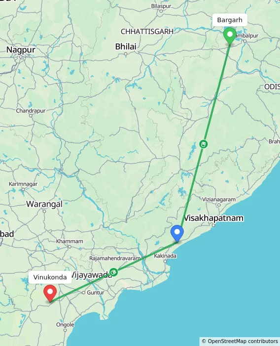 Route map showing distance and travel time from Bargarh, India to Vinukonda, India