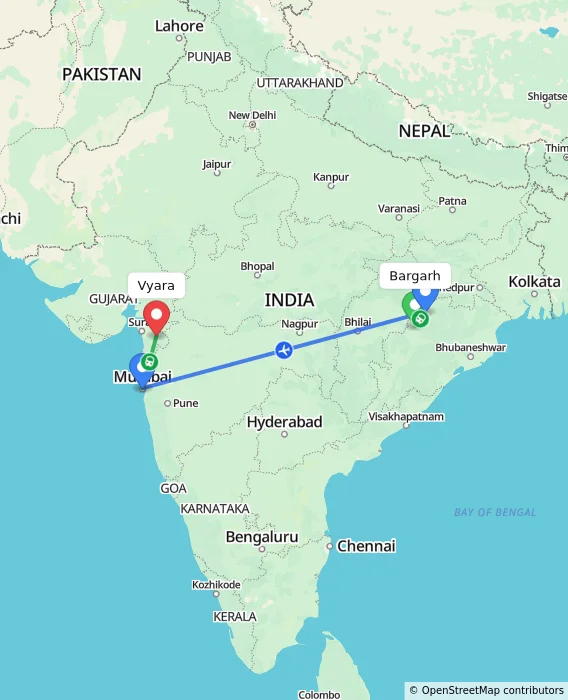 Route map showing distance and travel time from Bargarh, India to Vyara, India