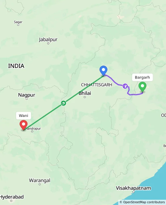 Route map showing distance and travel time from Bargarh, India to Wani, India