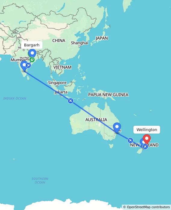 Route map showing distance and travel time from Bargarh, India to Wellington, New Zealand