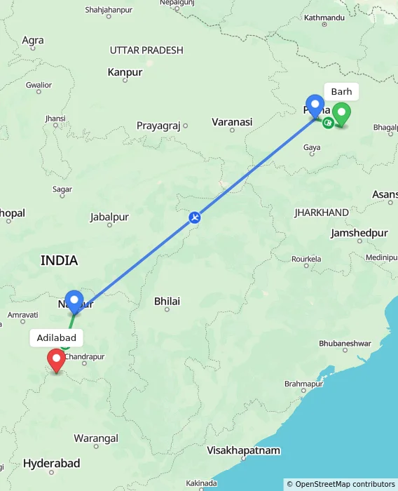 Route map showing distance and travel time from Barh, India to Adilabad, India