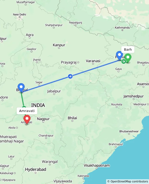 Route map showing distance and travel time from Barh, India to Amravati, India
