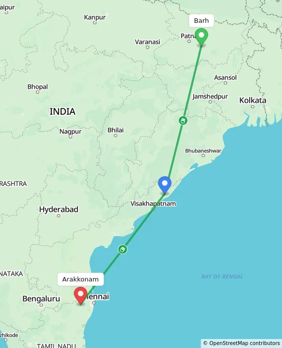 Route map showing distance and travel time from Barh, India to Arakkonam, India