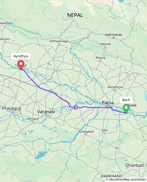 Route map showing distance and travel time from Barh, India to Ayodhya, India